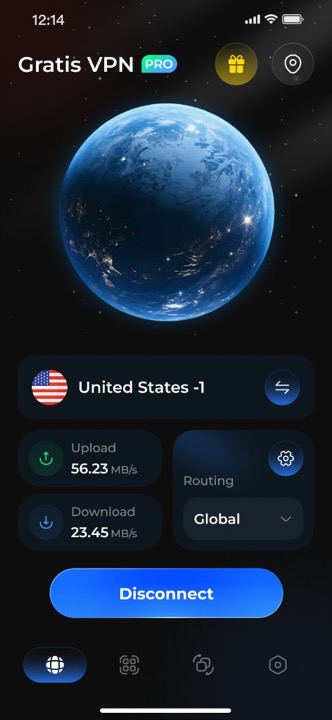 Free VPN Gratis app home screen showing a connection to a United States server with live upload and download speeds